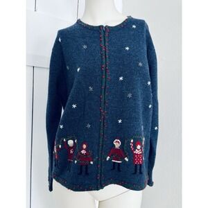 Talbots Christmas Sweater 100% Lambs Wool Knit Full Zip Festive Vintage Medium